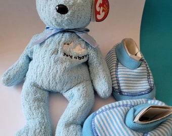 IT'S a B0Y!~TY Beanie Baby Bear~Date Of Birth 3-3-2002~And Baby Place Newborn Booties~New