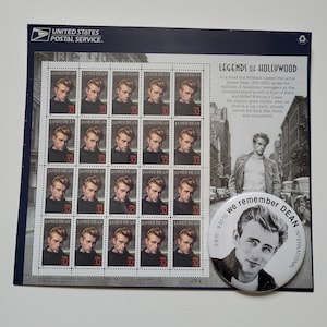 JAMES DEAN~Legends Of Hollywood~Page Of 32 Cent Stamp Sheet From 1996~NEW~Sealed~Plus 3&quot; James Dean Pin-Back Button~All In Great Shape!!