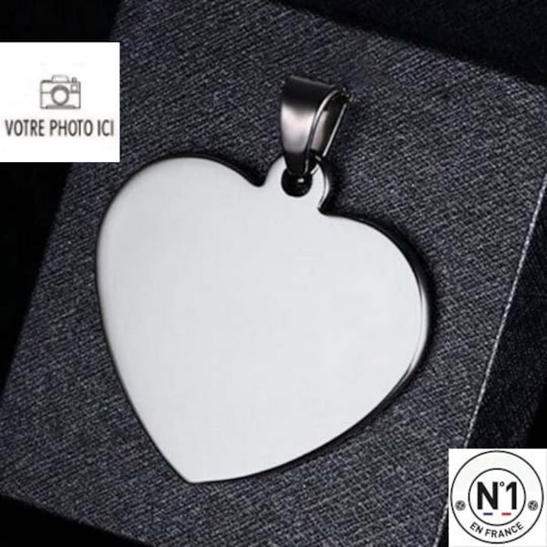 Customizable HEART MEDAL with bail: Heart engraved with photo or text / initials with a black gift box