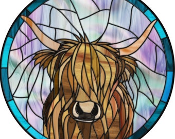 Stained Glass Highland Cow Sign, Wreath Sign, Door Sign,