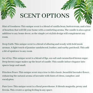 Peut inclure: Une image de texte listant diff&eacute;rents parfums de bougies avec des descriptions. Les parfums incluent Hint of Goodness, Deep Faith, Jar of Joy, Priceless Peace et Pure Love.
