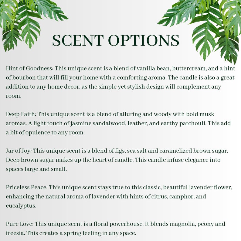 Peut inclure: Une image de texte listant diff&eacute;rents parfums de bougies avec des descriptions. Les parfums incluent Hint of Goodness, Deep Faith, Jar of Joy, Priceless Peace et Pure Love.