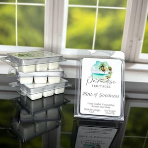 Peut inclure: Un empilement de quatre contenants en plastique transparent remplis de cubes de cire parfum&eacute;e blanche. Les contenants sont &eacute;tiquet&eacute;s "Paradise Fruitages Hint of Goodness" et pr&eacute;sentent une sc&egrave;ne de plage tropicale sur le devant. Les cubes de cire sont des cubes de cire parfum&eacute;e &agrave; la noix de coco et au soja faits &agrave; la main, fabriqu&eacute;s en G&eacute;orgie, aux &Eacute;tats-Unis. Le poids net est de 70 g.
