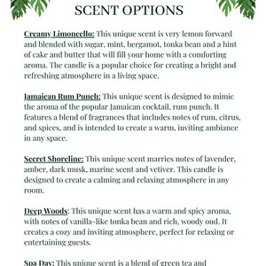 Peut inclure: Un graphique textuel listant diff&eacute;rentes options de senteurs pour des bougies. Les senteurs comprennent Creamy Limoncello, Jamaican Rum Punch, Secret Shoreline, Deep Woods et Spa Day.