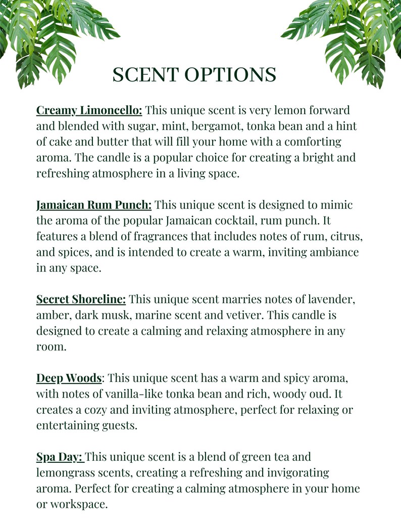 Peut inclure: Un graphique textuel listant diff&eacute;rentes options de senteurs pour des bougies. Les senteurs comprennent Creamy Limoncello, Jamaican Rum Punch, Secret Shoreline, Deep Woods et Spa Day.