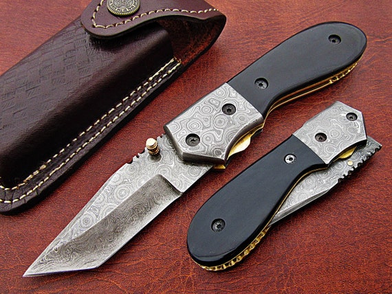 Custom Hand made Damascus Pocket Folding knives With sheaths