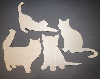 Découpes de chat en bois (paquet de 4) - Blancs découpés au laser pour les arts et l'artisanat