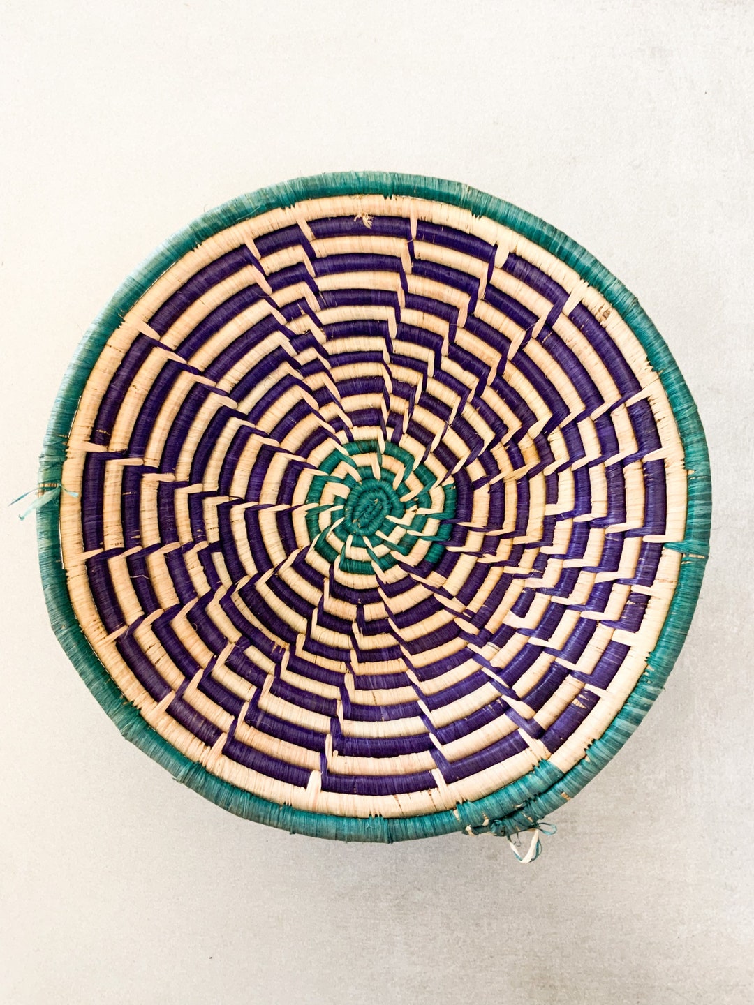 Purple , Green and Natural Woven Ugandan Basket. Hanging Wall Basket. - Etsy