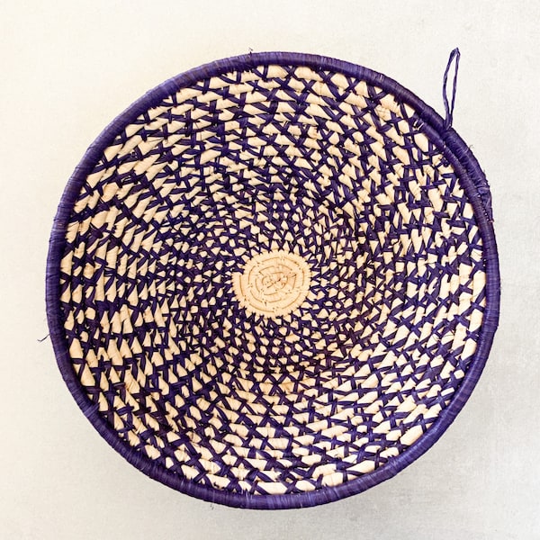 Purple and natural woven Ugandan basket. hanging wall basket.