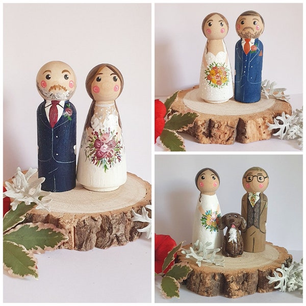 Personalised bride and groom wedding cake topper wooden cake topper Mrs and Mrs peg doll cake topper family wedding topper