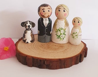 Bride and groom wedding cake topper family wedding cake topper wooden cake topper peg doll cake topper vintage wedding made to order