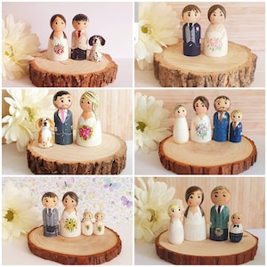 Bride and groom wedding cake topper family wedding cake topper wooden cake topper peg doll cake topper vintage wedding made to order