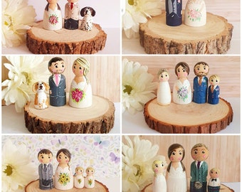 Bride and groom wedding cake topper family wedding cake topper wooden cake topper peg doll cake topper vintage wedding 6 cm topper