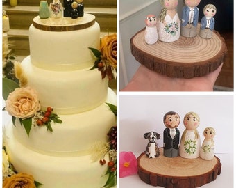 Bride and groom wedding cake topper family wedding cake topper wooden cake topper peg doll cake topper vintage wedding made to order