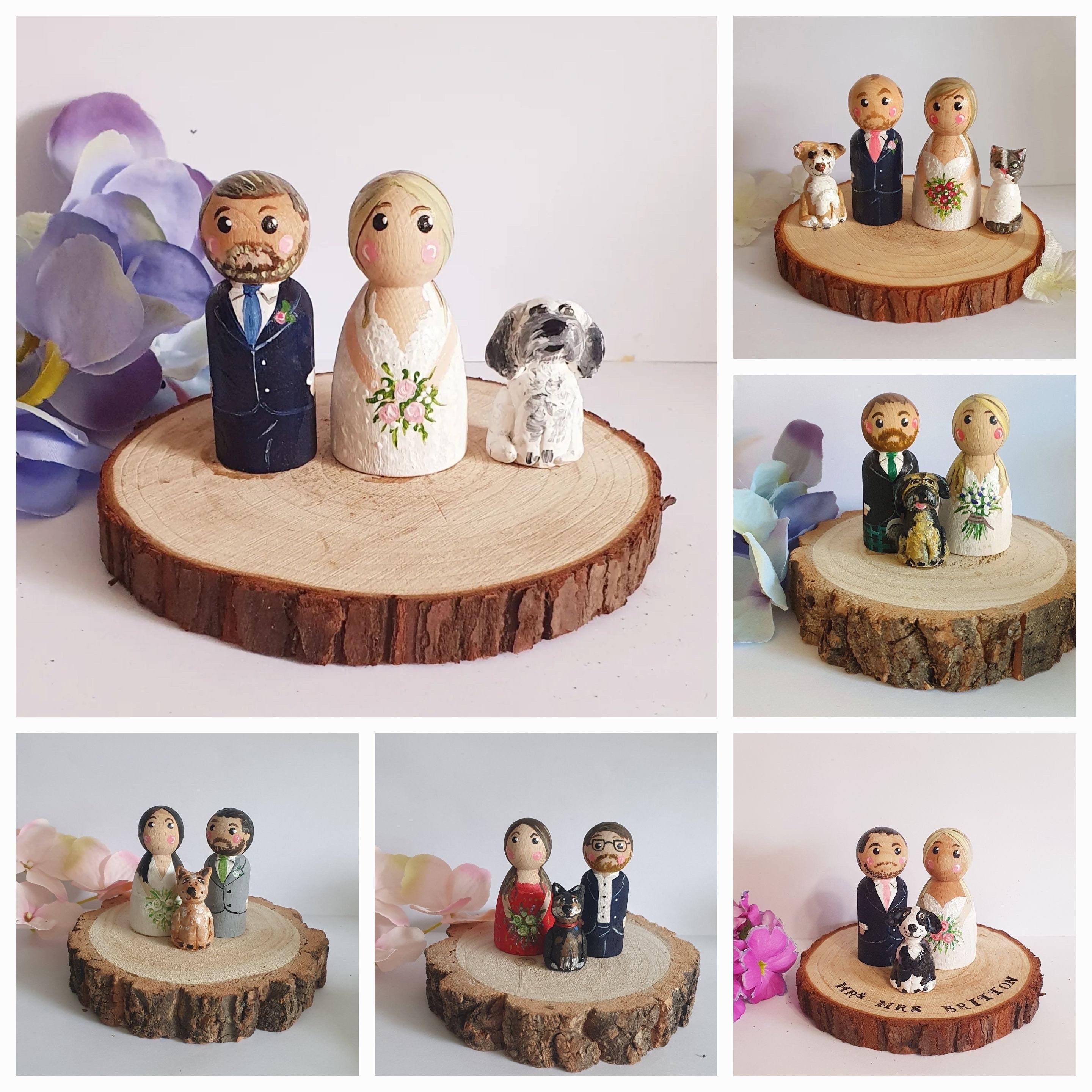 Bride and groom wedding cake topper family wedding cake topper wooden cake topper peg doll cake topper vintage wedding made to order