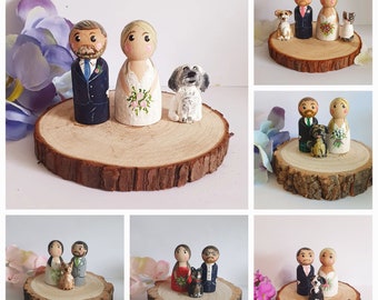 Adorno para tarta de bodas de novios, adorno para tarta de bodas familiar, adorno de madera para tarta, adorno para tarta de muñeco de clavija, adorno rústico para boda hecho a medida