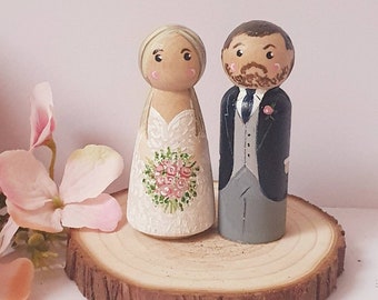 Bride and groom wedding cake topper made to order wooden cake topper peg doll cake topper personalized bride and groom
