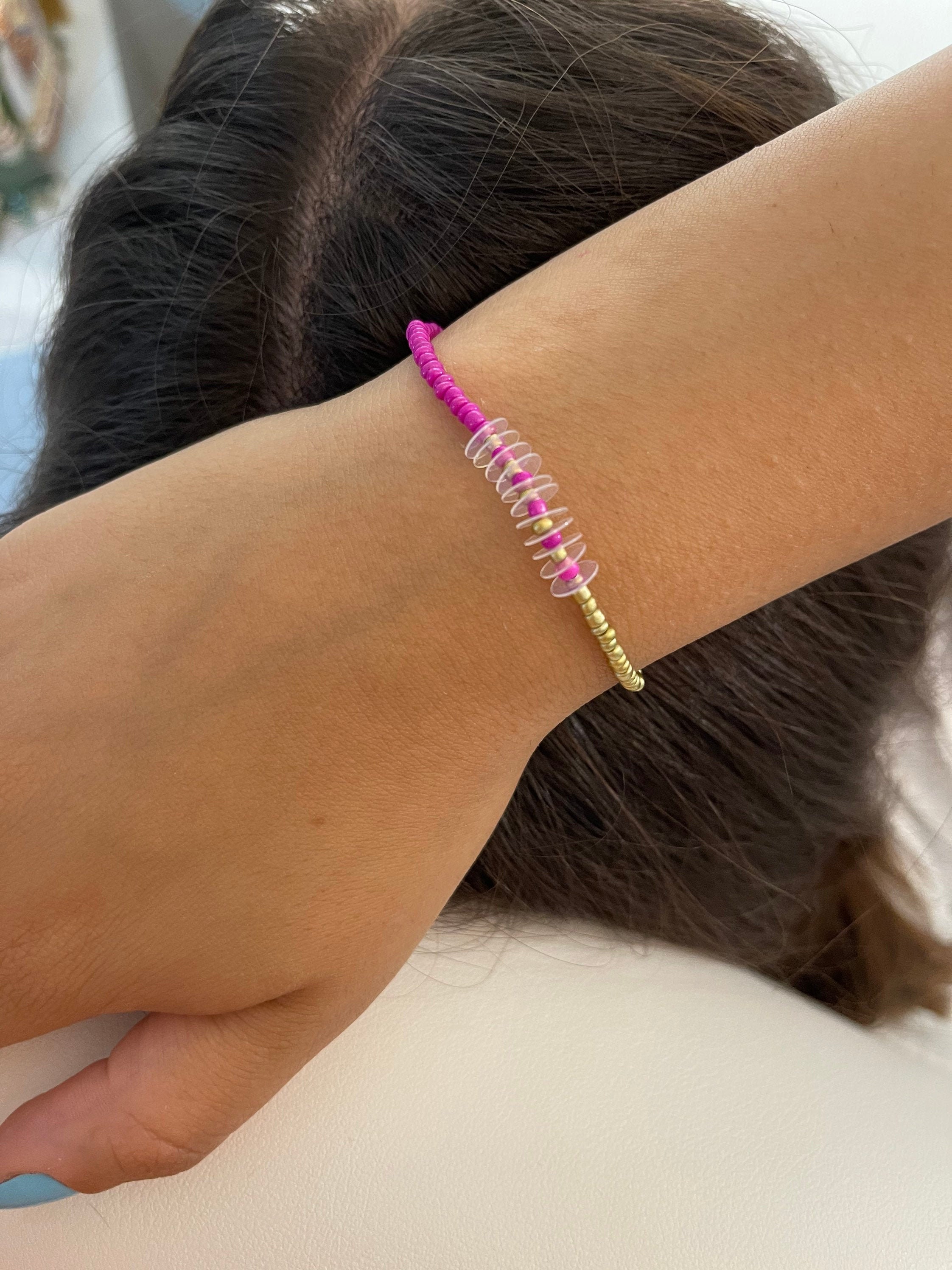 Bracelet Handmade Beaded gold hologram Fuchsia Bracelet Arm Etsy