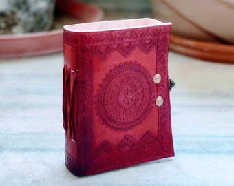 Handmade Leather Journal With Lock: Embossed Chakra A7 Notebook