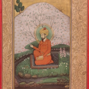 Mughal King Babur Hand Painted Finest Indian Portrait Miniature Painting , Old Paper Detailed Hand Painted Rajasthani Art Work Wall Decor
