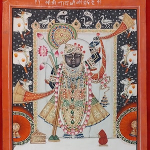 Antique Handmade Shreenath Ji Fine Pichwai Painting on Paper , Golden Wall Decor Hindu Art Work , Finest Nathdwara Traditional Original Art
