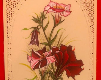 Miniatura floral pintada a mano, arte mogol, decoración india