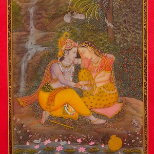 Krishna Radha Love Scene Fine Intricate Rajasthani Hand Painted Religious Miniature Painting , Traditional Home Wall Decor Detailed art work
