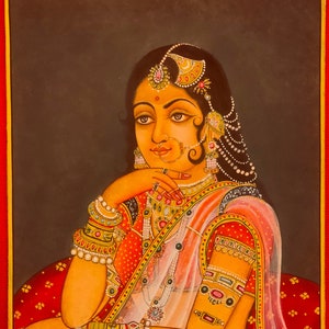 Hand Painted Indian Lady Portrait Maharani Queen Intricate Art work on Paper Fine Natural Colors Miniature Painting Gold Work Home Wall Art