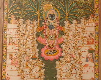 Hand Painted Shreenath Ji Pichwai Painting: Lord Krishna, Indian Art (50.0 * 35.0 inch)