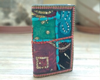 Beautiful Assorted Sari Fabric Leather Notebook Diary, Unlined Handmade Paper, Refillable Sari Journal Embroidery Colourful