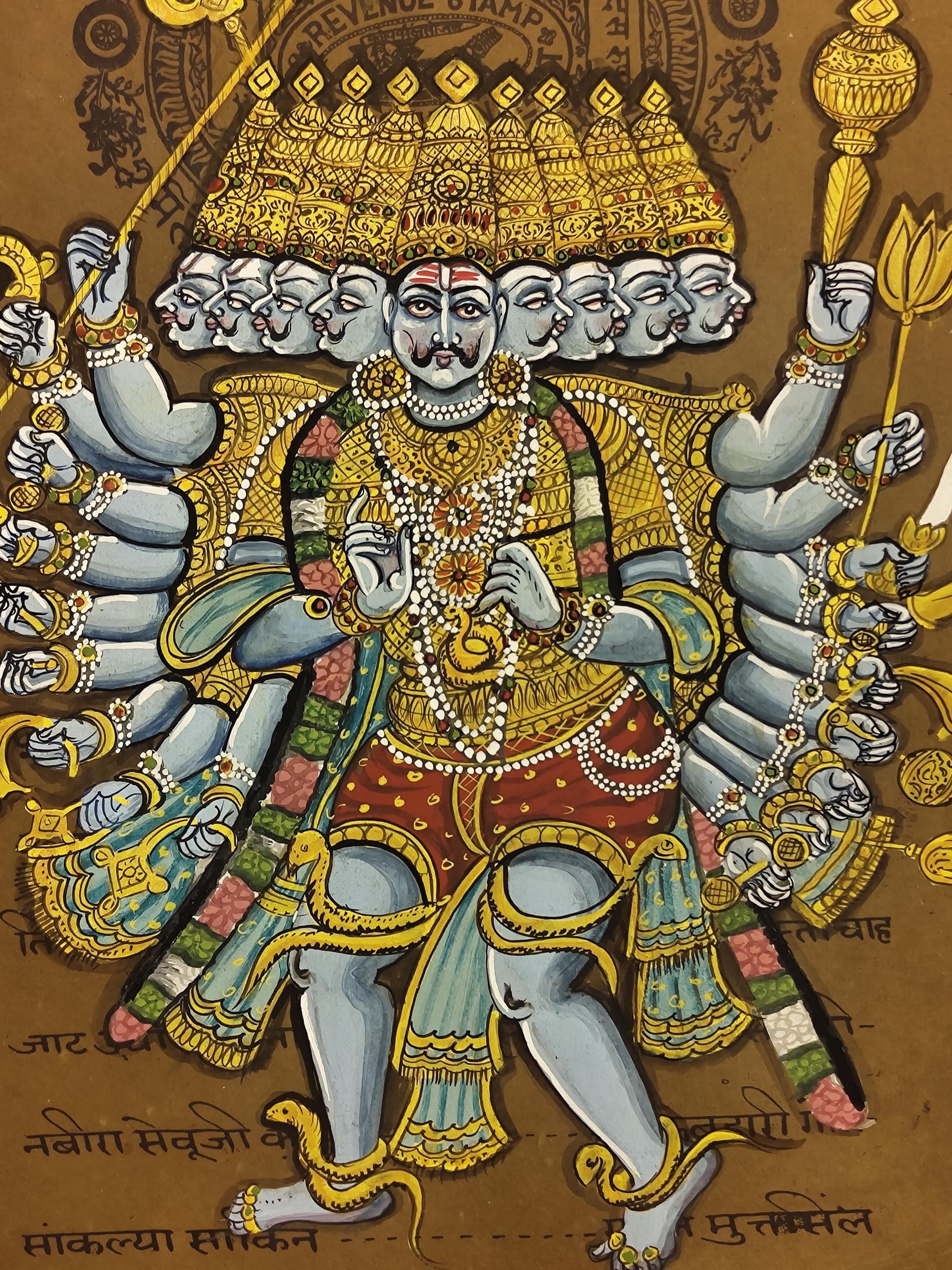 手作りのラーヴァナ細密画：古い切手用紙に描かれたインドの神様の絵