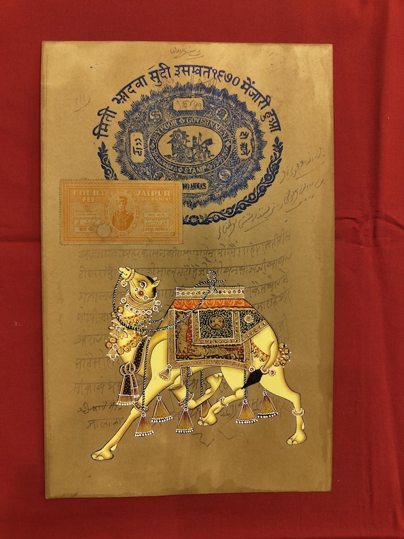 Hand-painted Golden Camel Miniature Painting: Vintage Rajasthani