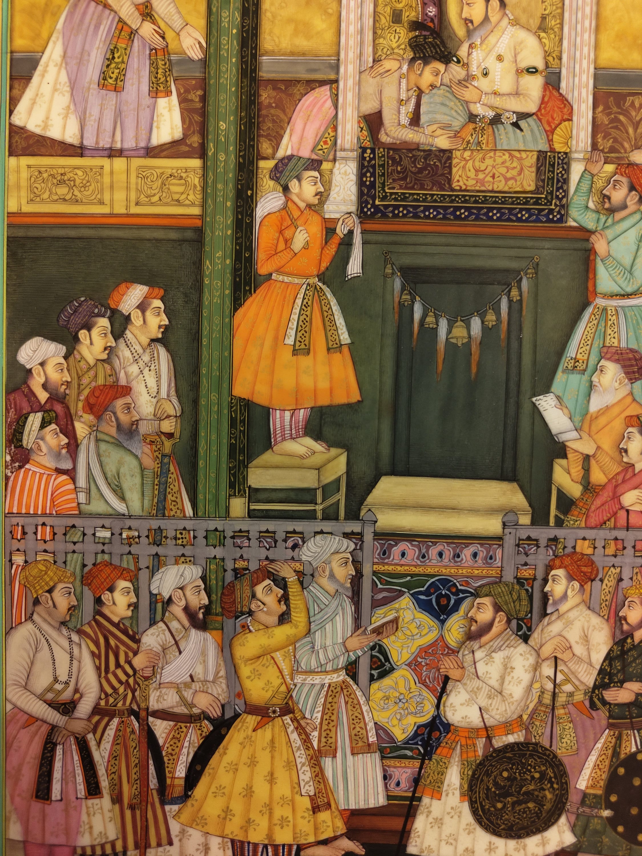 インド宮廷絵画 INDIAN COURT MINIATURE PAINTING Indian Miniature Painting: Gilded Mogul Court Scene, Rajasthan Art