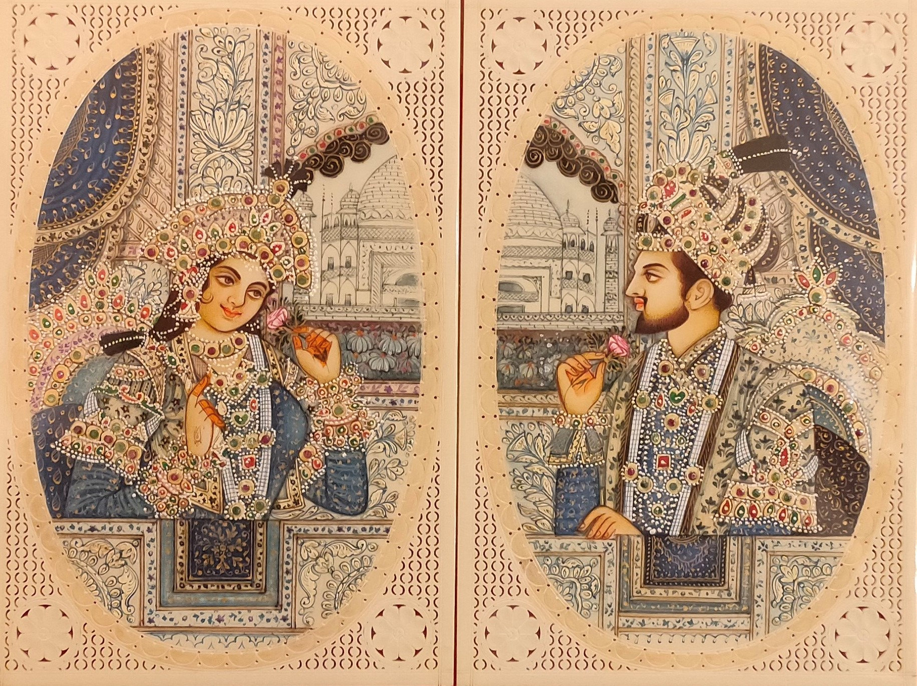 ムガル帝国の細密画：シャー・ジャハーンとムムターズ、インドの室内