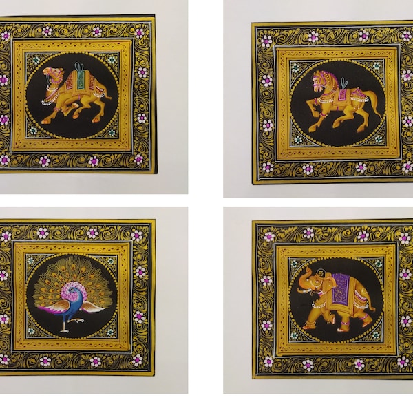 Hand Painted Set of 4 Indian Silk Miniature Painting Art Works Elephant Camel Horse Peacock Fine Home Decor Rajasthani Painting Udaipur Gift