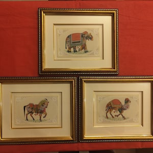 Può includere: Tre immagini incorniciate con cornici dorate. L'immagine superiore mostra un elefante rosso e dorato. L'immagine centrale mostra un cavallo con una sella rossa e dorata. L'immagine inferiore mostra un cammello con una sella rossa e dorata.