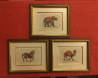 Conjunto original de 3 elefantes enmarcados, caballos, camellos indios tradicionales Rajasthani pintura en miniatura - decoración del hogar real exquisita obra de arte