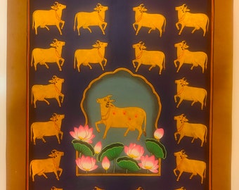 Original Golden Cows Finest Hand Painted Indian Small Pichwai Painting Traditional Art Work ,Exquisite Holy Cow Art Work Wall Decor on Paper