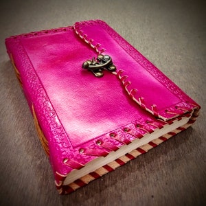 Pink Colored Handmade Leather Bound A5 Sized Journal - 200 Thick Unlined Recycled Refillable Pages - Unisex Hand Stitched Writing Notebook
