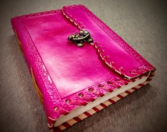 Pink Colored Handmade Leather Bound A5 Sized Journal - 200 Thick Unlined Recycled Refillable Pages - Unisex Hand Stitched Writing Notebook