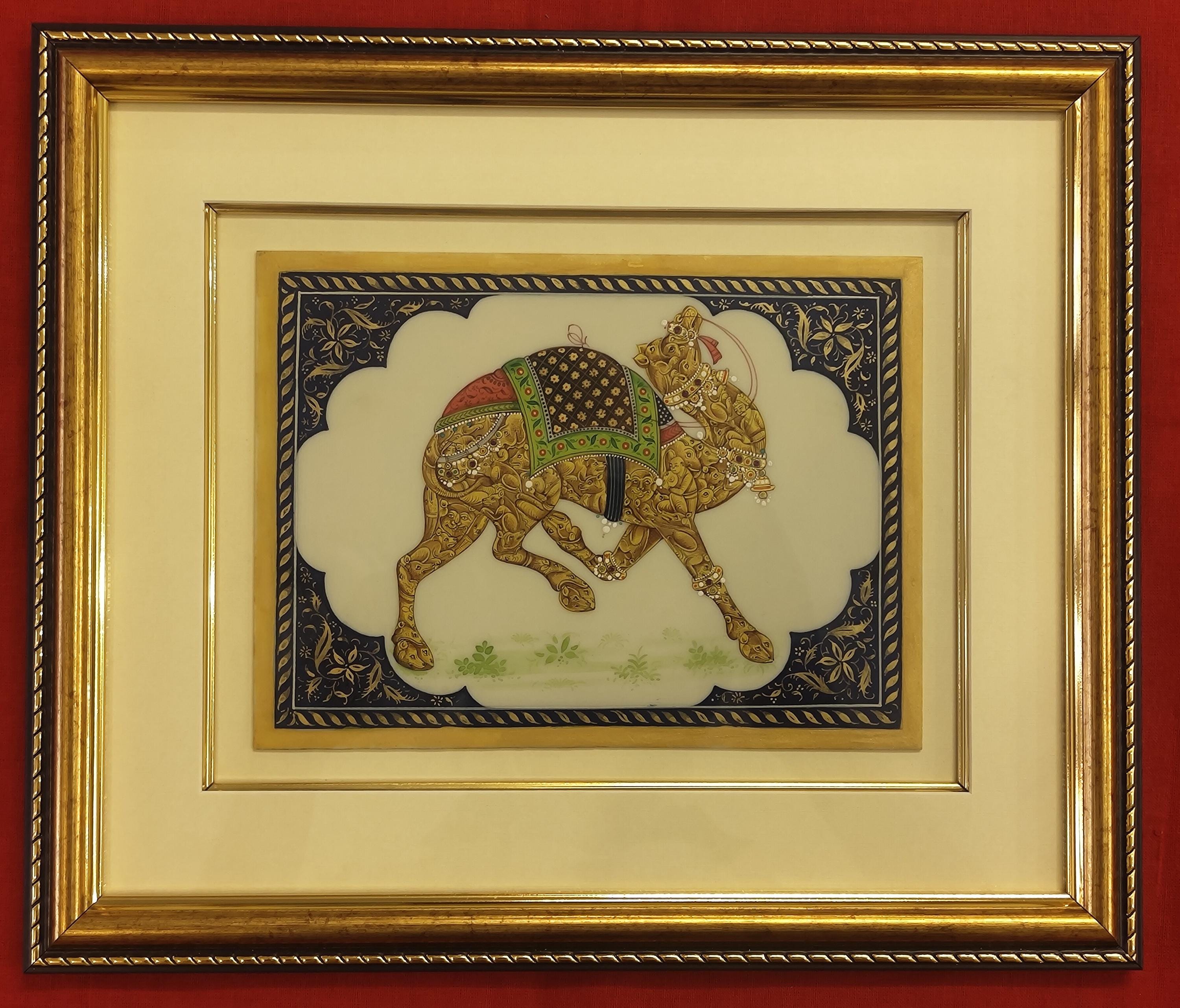 Golden Camel Miniature Painting: Framed Rajasthani Art, Home Decor