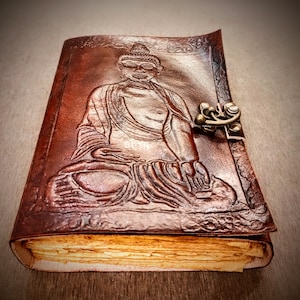 Handmade Buddha Embossed A5 Leather Journal, 200 Vintage Deckle Edged Pages, Brown, Refillable, Acid-Free, Scrapbook