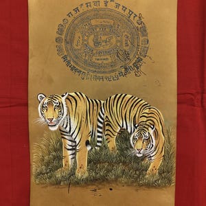 Handmade Wild Tiger Animal Original Indian Wildlife Miniature Painting - Antique Art Work on Stamp Paper - Royal Bengal Tiger Portrait Art
