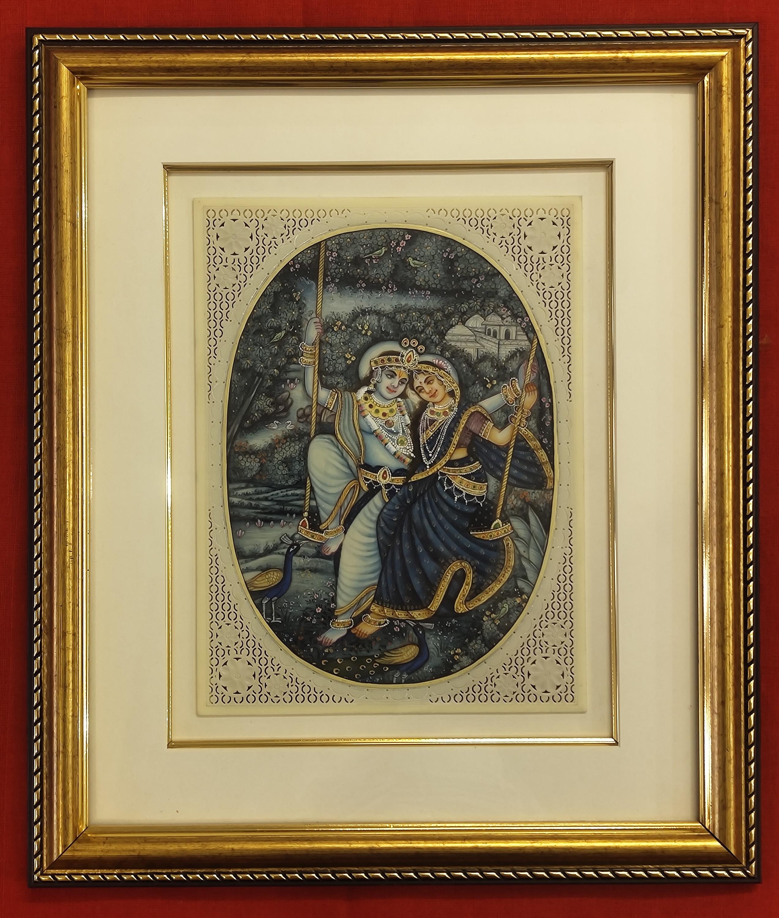 Handmade Krishna Radha Blue Framed Original Indian Miniature Painting - Rajasthani Pichwai Painting - Royal Home Decor Hindu Gold Art Work