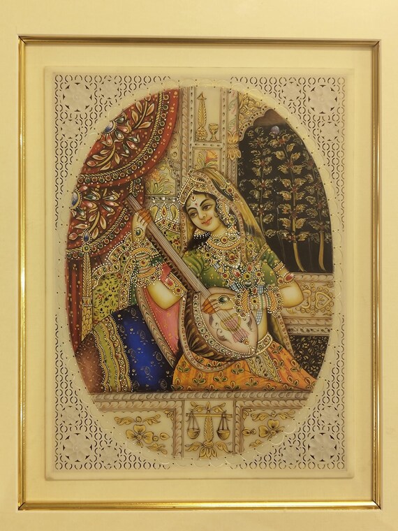 Handmade Mughal Queen Miniature Painting: Framed Gemstone Art - Etsy