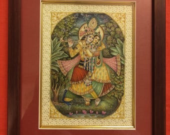 Loving Radha Krishna Couple Hand Painted Intricate Framed Indian Miniature Painting - Traditional Rajasthani Miniature Painting - Wall Decor