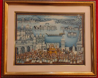 Original Udaipur Indian Miniature Painting on Camel Bone with Gold Frame
