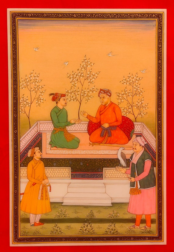 Mughal Jahangir Court Scene Miniature Painting, Indian Wall Decor