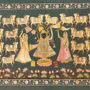Handmade 24 by 36 in Large Original Lord Shreenath Ji Pichwai Miniature Painting on Cloth - Home Decor Royal Krishna Art Work -Cow Painting