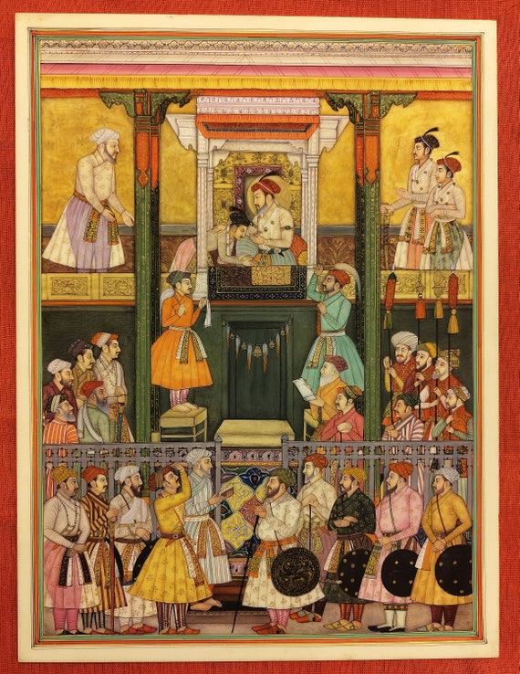 Indian Miniature Painting: Gilded Mogul Court Scene, Rajasthan Art
